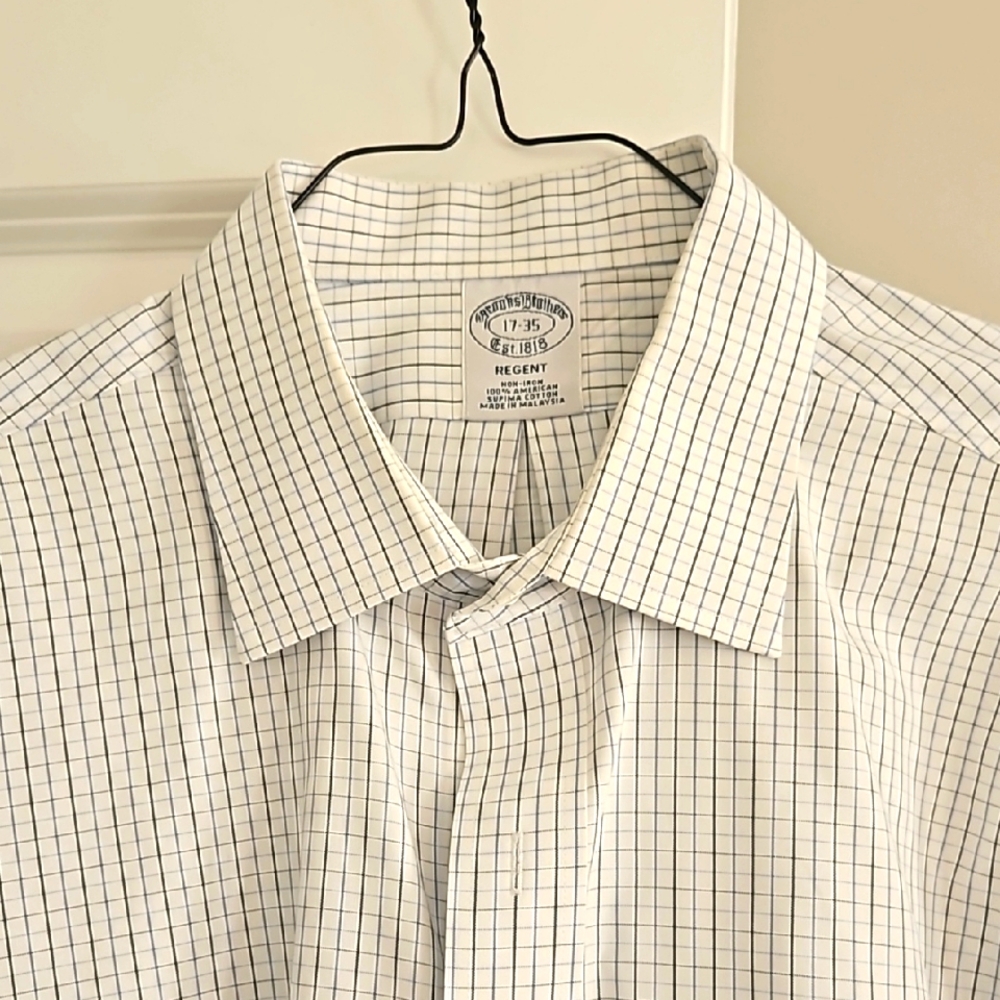 Brooks Brothers Men's White/Blue/Black Striped Shirt, 17-35